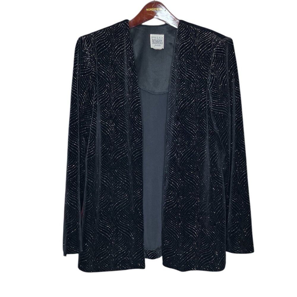 Vintage R&M Richards Petite 12 12P Black Silver Embellished Velvet Blazer Jacket